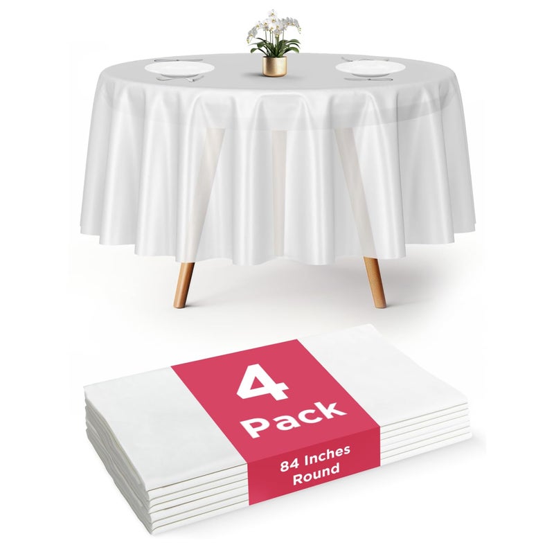Prestee 4-Pack 84-Inch White Round Plastic Tablecloth Disposable - Durable Waterproof Table Covers for Weddings, BBQ, Parties, Outdoor Events - Elegant White Plastic Tablecloths Round for Any Occasion - Image 1